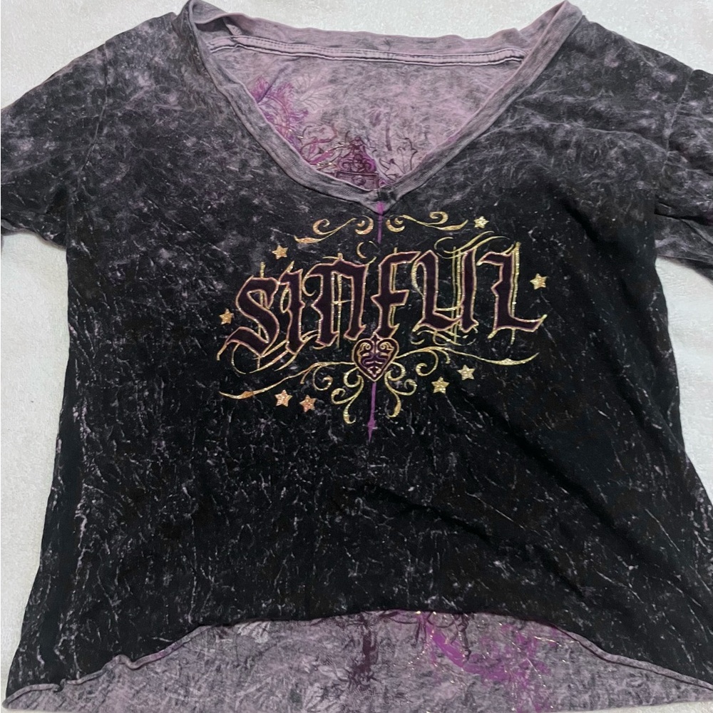 Sinful Black and Purple Glittery Gold Text Graphic Short Sleeve Tee